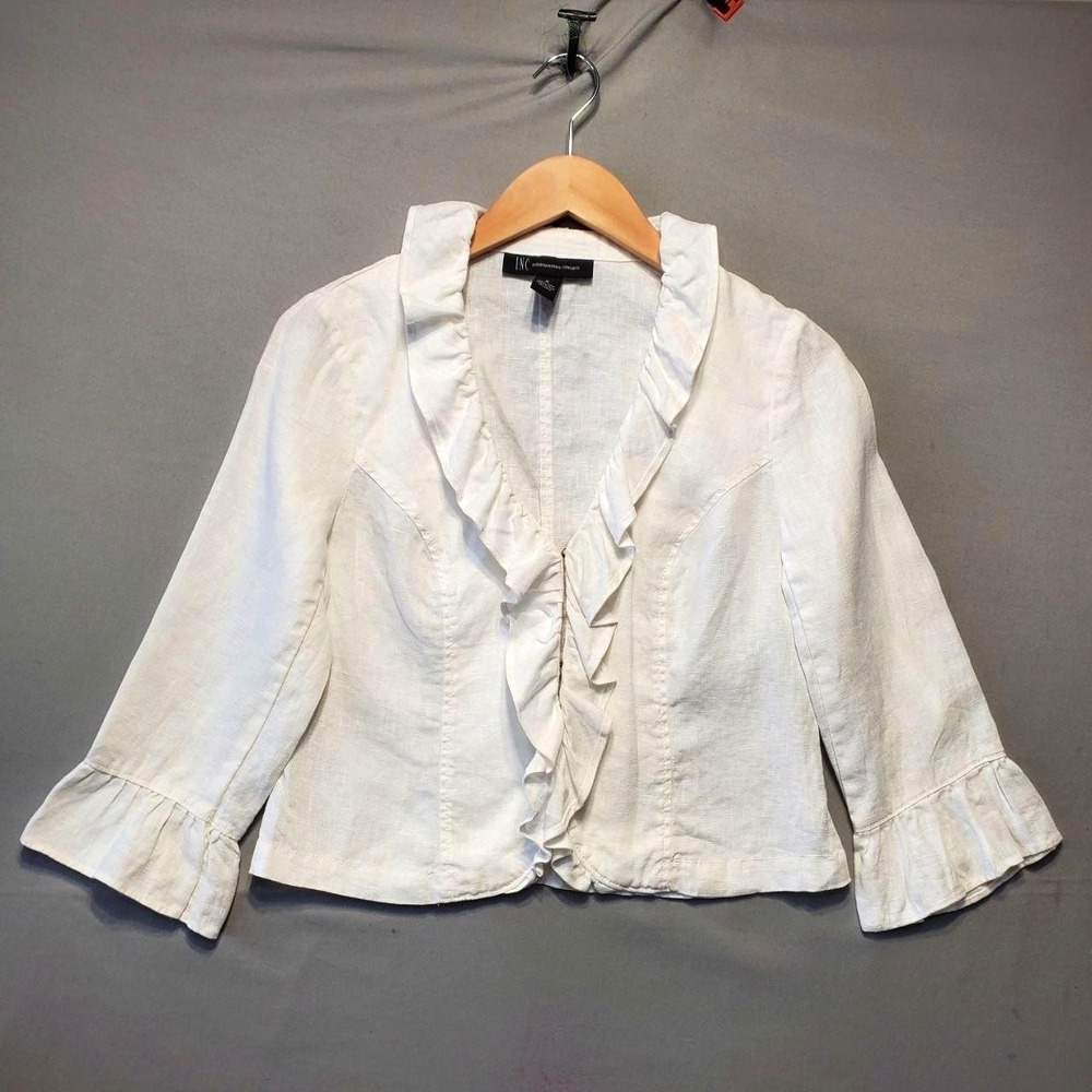 INC 100% Linen Ruffle Top Womens Small White Bell Sleeve Romantic Coquette Boho